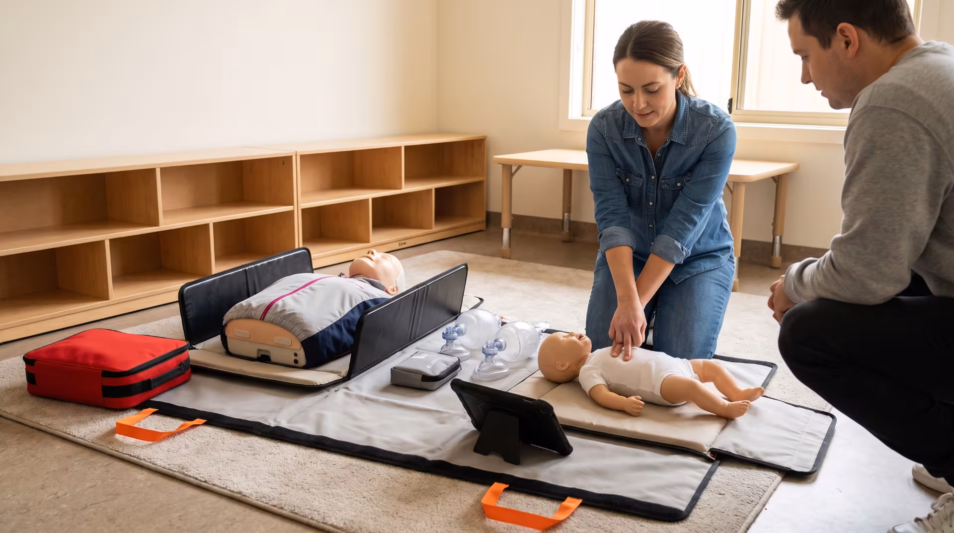 Childcare staff practicing infant CPR with a Go-Kit in an early childhood classroom