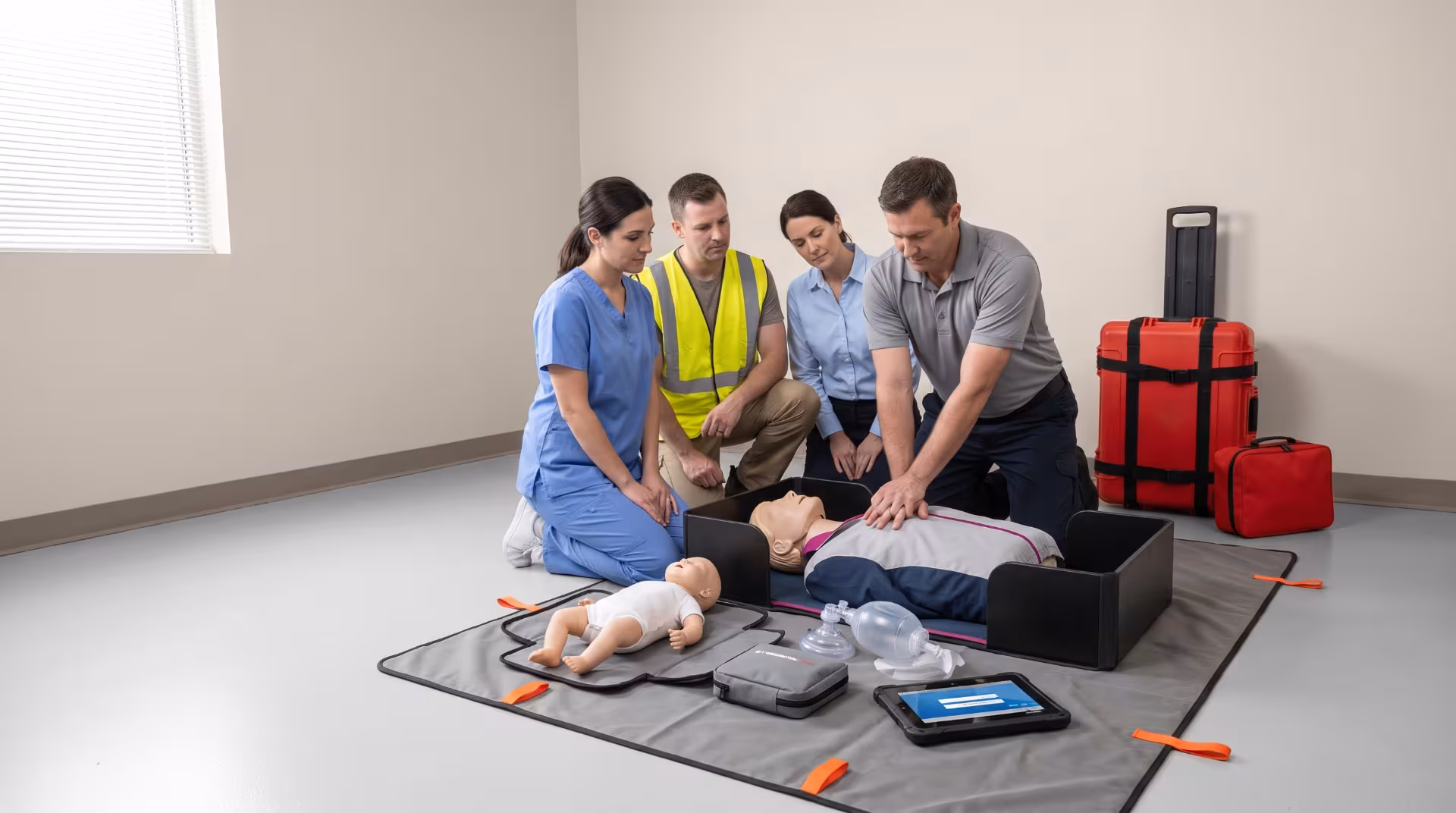 Clinical team practicing CPR on a training manikin with a CPR Go-Kit in a hospital setting