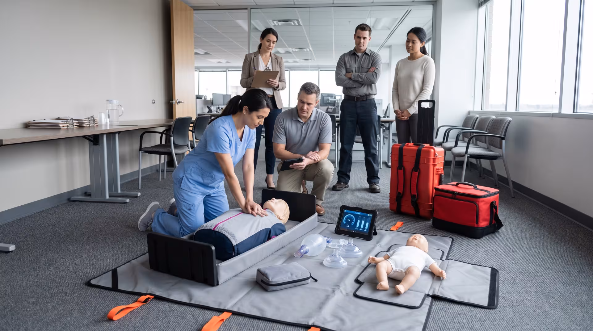 Staffing branch office training room with a candidate practicing CPR on a manikin beside a Go-Kit