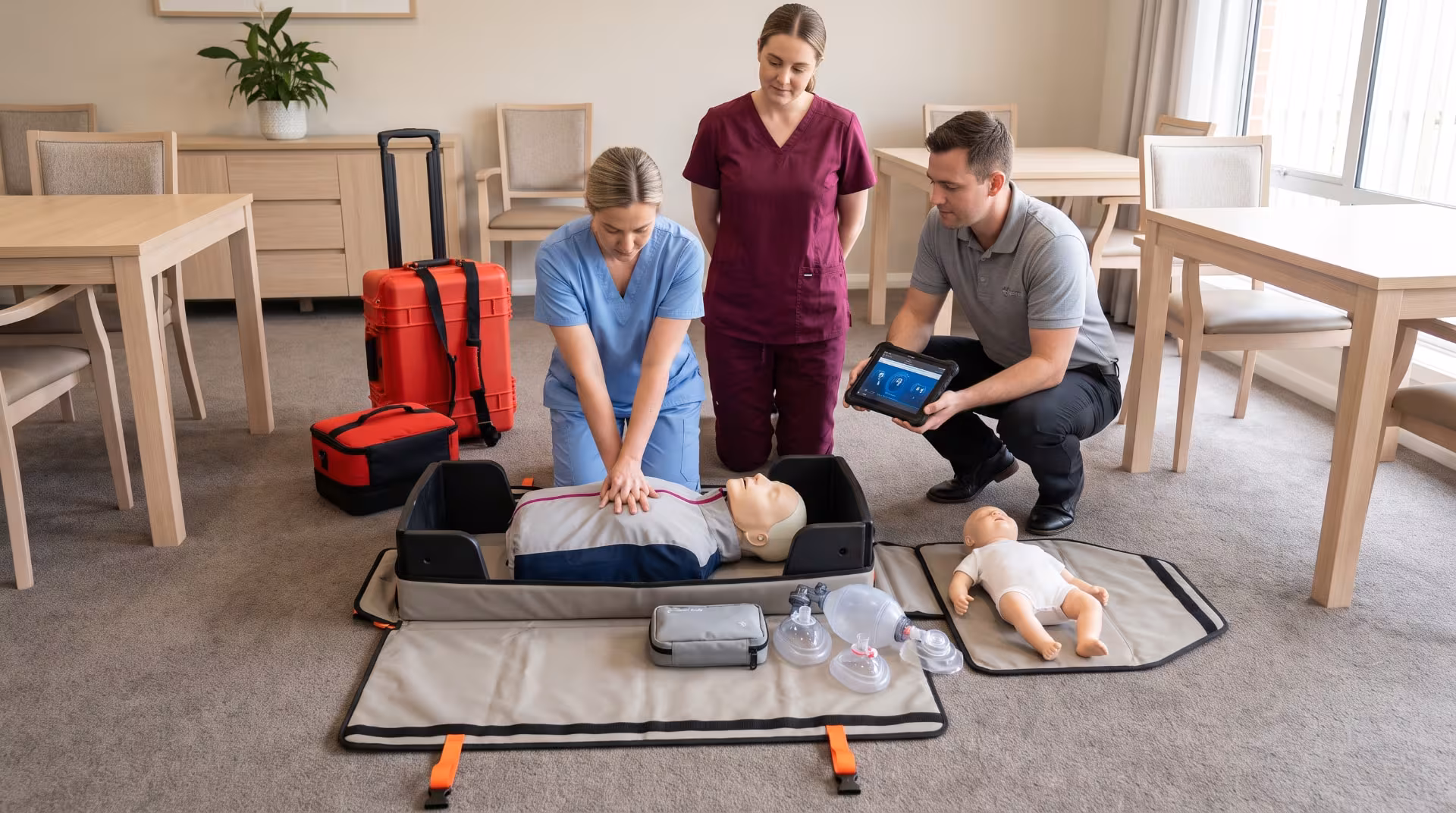 Care staff practicing CPR on adult and infant manikins with a Go-Kit in an assisted living dining room