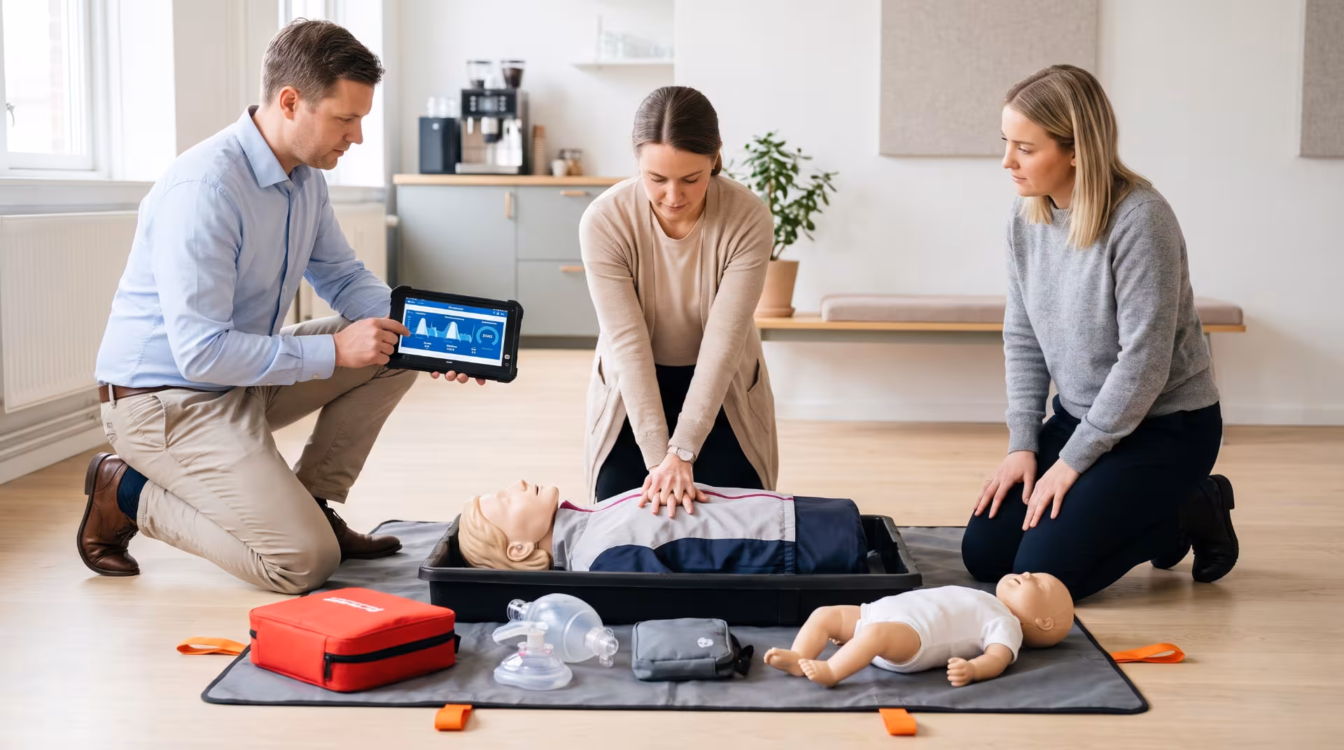 Office staff practicing CPR on a training manikin with a Go-Kit in a bright workplace breakout area