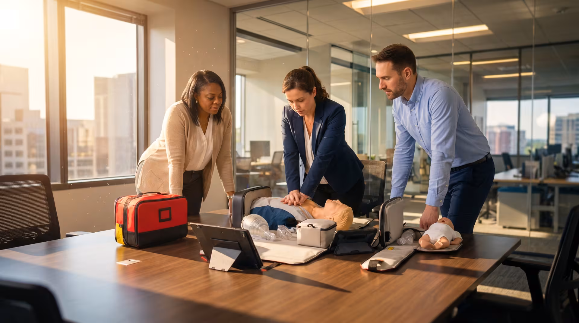 Corporate team practicing CPR on a manikin with a CPR Go-Kit in a modern office
