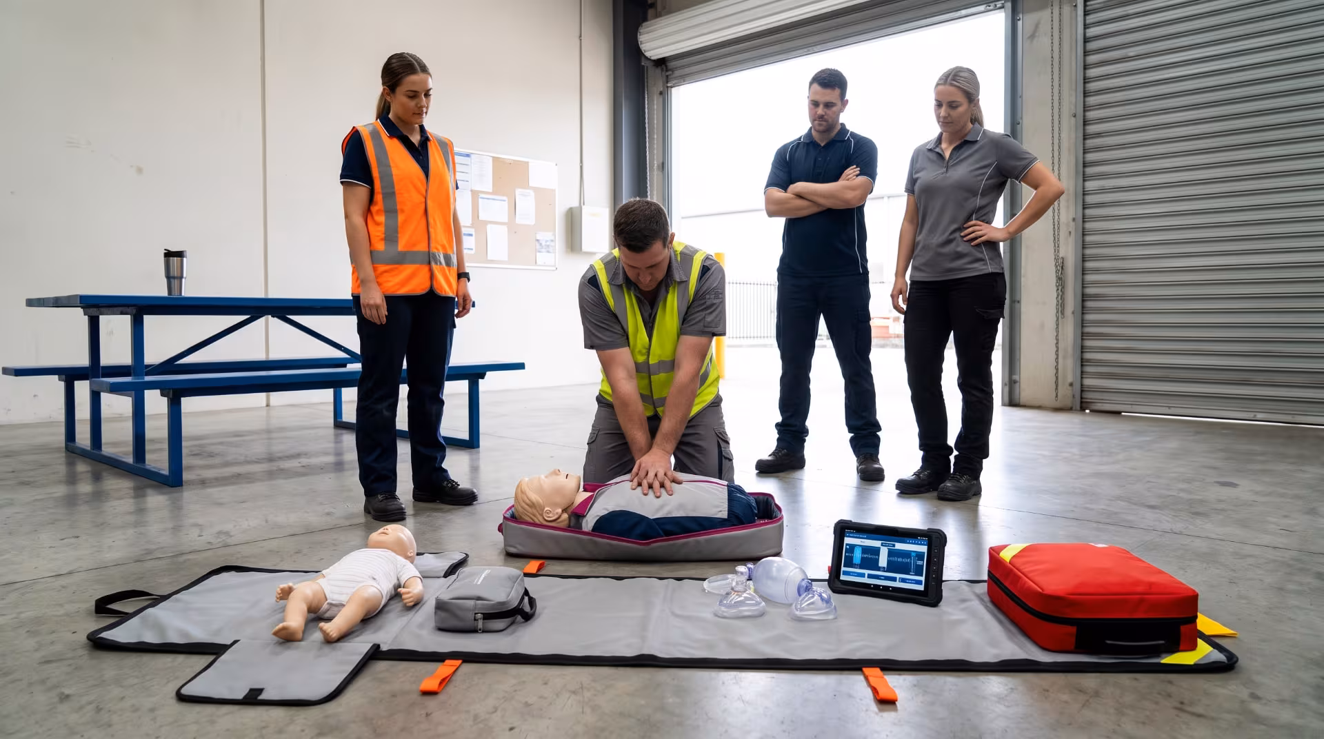 Industrial crew in hi-vis practicing CPR on a training manikin with a Go-Kit in a warehouse bay