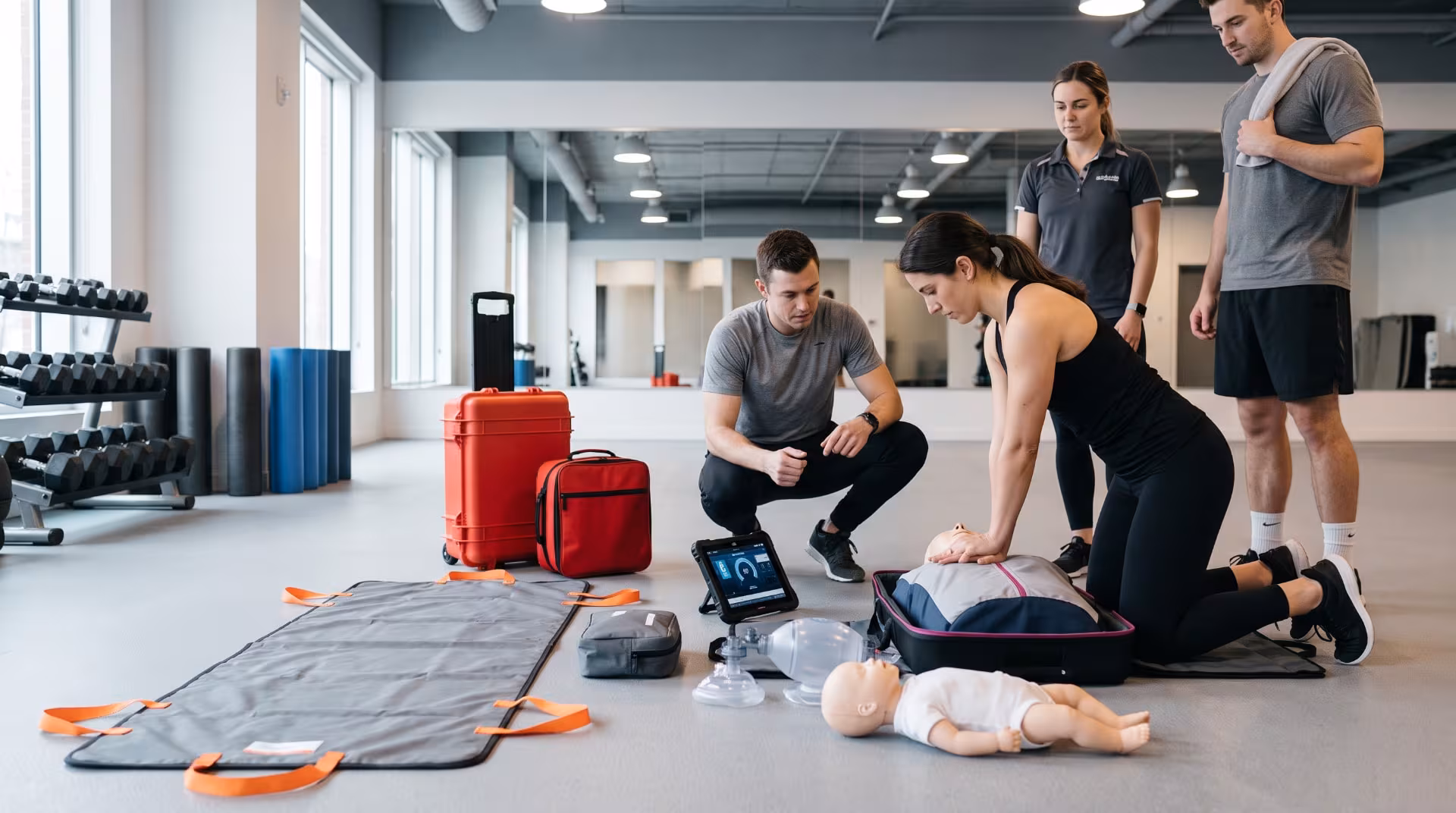 Fitness staff practicing CPR on a training manikin with a Go-Kit in a gym studio
