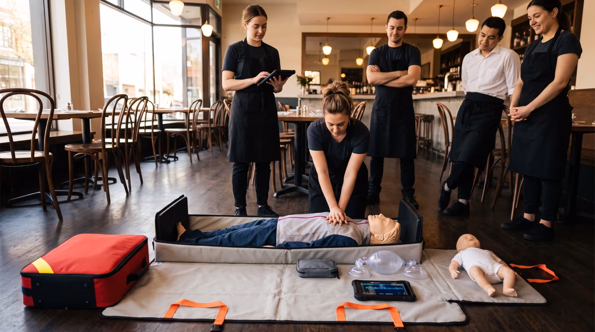 Restaurant staff practicing CPR on a training manikin with a Go-Kit set up in the dining room